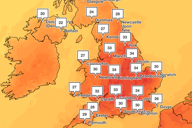 Mapped: Where temperatures could hit 35C in this week’s heatwave