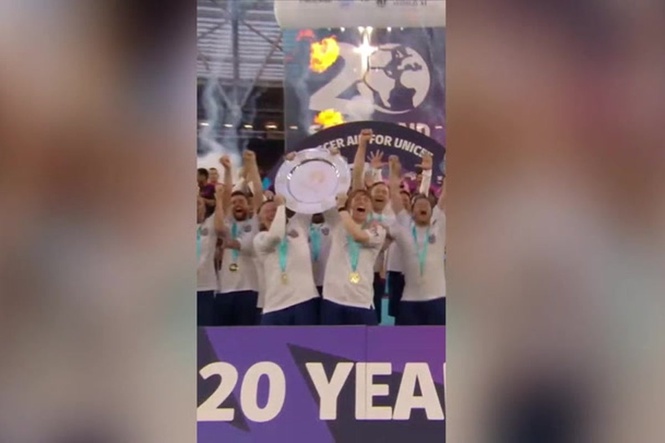 Moment England lift the trophy after Soccer Aid win as record £16.4m raised