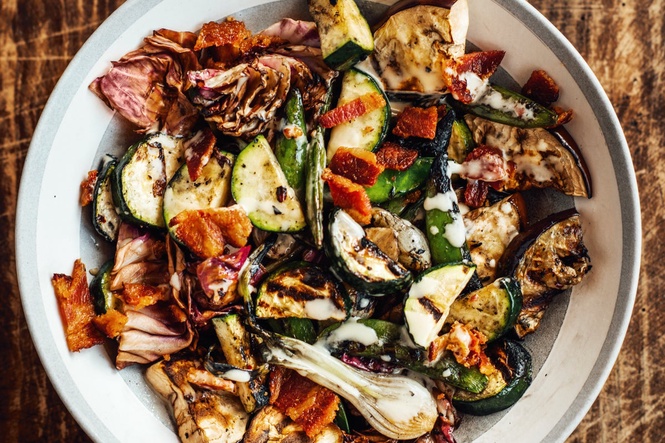 How to grill vegetables and toss them in Isaac Toups’ bacon vinaigrette