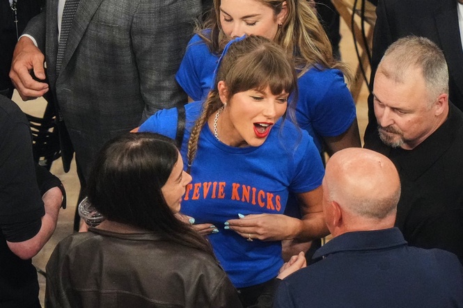 Taylor Swift courtside in ‘Stevie Knicks’ shirt as MSG wedding buzz intensifies