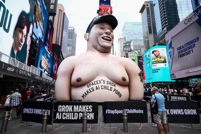 Giant inflatable Elon Musk appears in Times Square ahead of SpaceX IPO