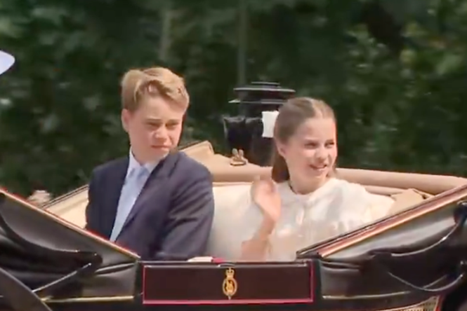 Princess Kate and children wave at spectators at Trooping the Colour celebrations