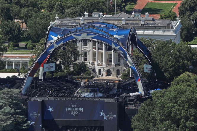 The Latest: Trump celebrates his 80th birthday with a UFC cage fight at the White House