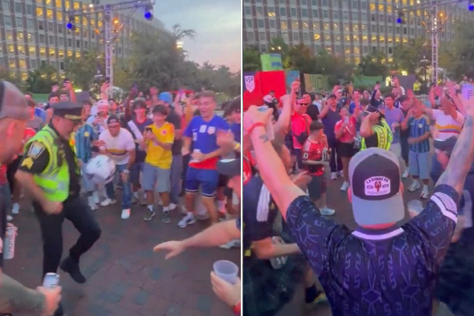 Scotland fans celebrate with Boston police officer as he shows off football skills
