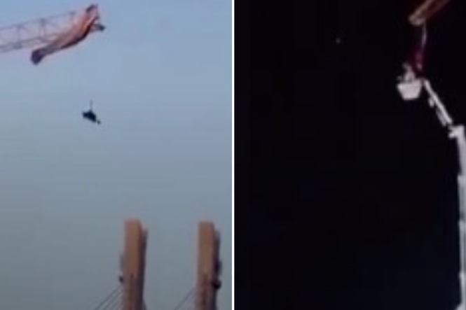 Moment paraglider gets trapped on crane during mishap on jump in China
