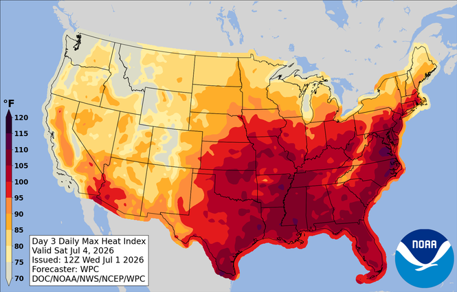 The severe conditions are attributed to a heat dome – high-pressure systems trapping heat and humidity – that has been smothering regions from the Midwest to the East Coast (NOAA)