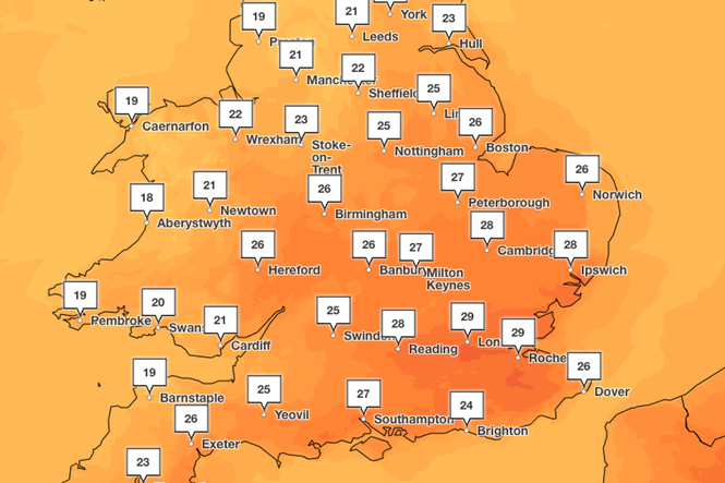 Mapped: Where temperatures will hit 29C in July heatwave