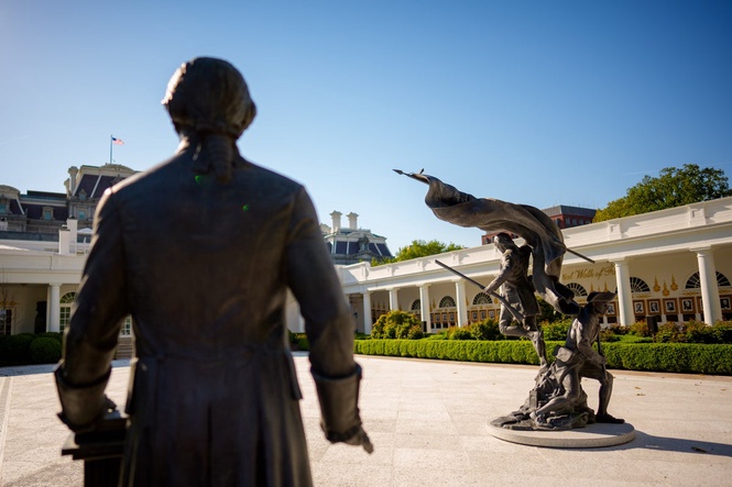 Trump makes yet another addition to the White House with bronze statue in the Rose Garden