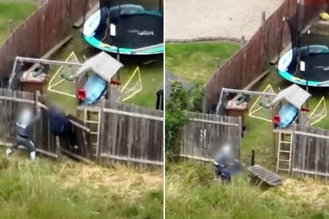 Moment suspect falls through fence while fleeing police in Hot Fuzz-style gaffe