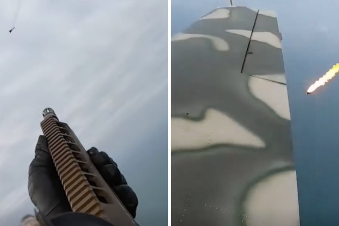 Ukrainian rear gunner shoots down attack drones with rifle from open cockpit