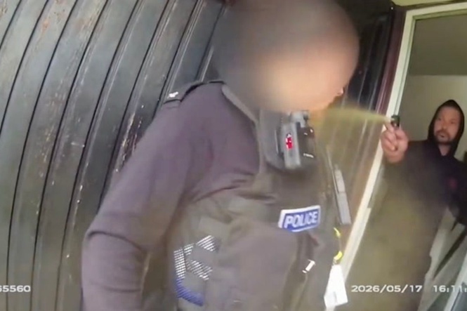 Moment police attacked with toxic spray while responding to domestic assault report