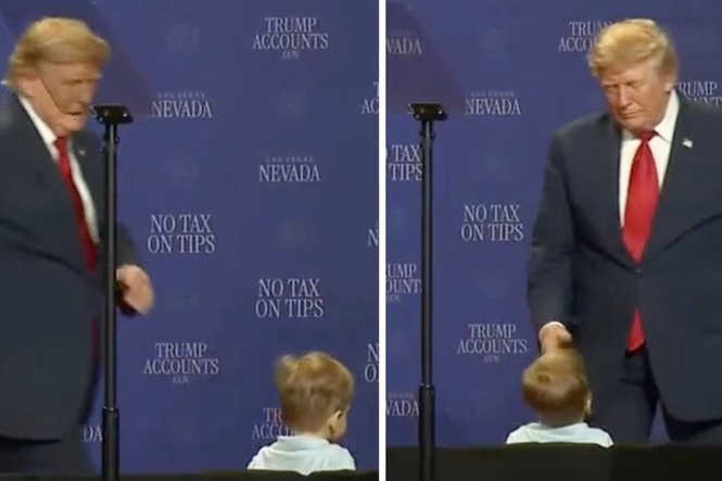 Trump chases after toddler across stage before taking swipe at Biden