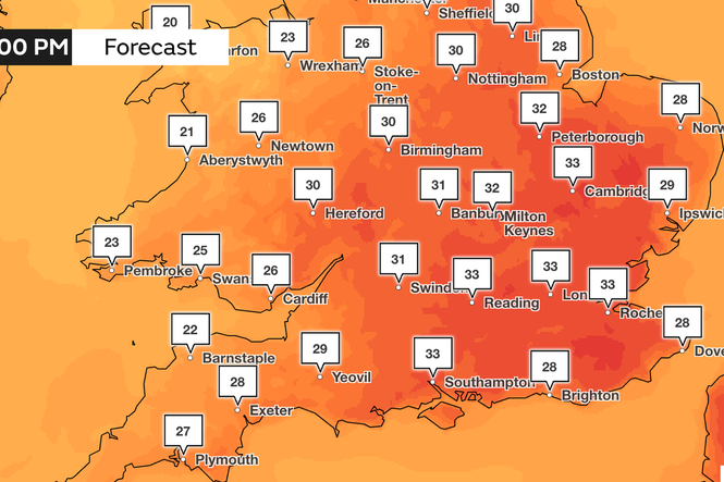Mapped: Where temperatures could reach 33C as mercury falls slightly after hottest day of the year
