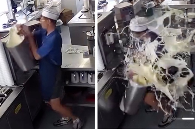 Frozen custard employee drops vat of shake mix in spectacular spill
