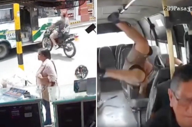 Biker running stop sign has miracle escape after crashing into bus at high speed