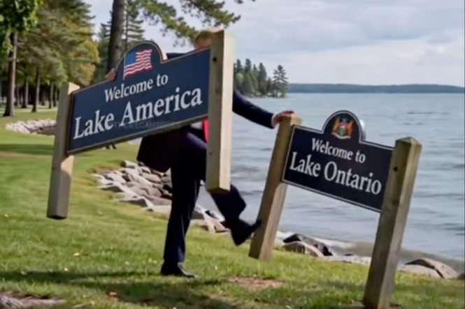 Trump reposts AI clip kicking over Lake Ontario sign after Carney demands the Americans ‘stop doing memes’