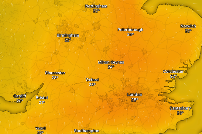 The UK areas which could see temperatures of 27C later this week