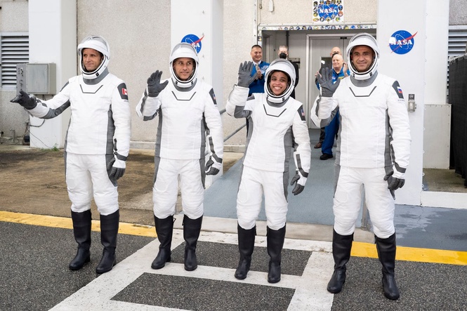 Four astronauts being launched into space for six-month trip