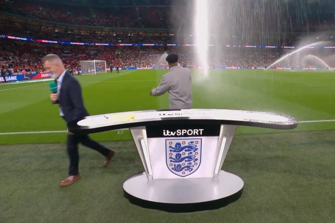 Ian Wright and Roy Keane drenched by Wembley sprinklers during live England broadcast