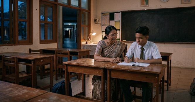 Guru Matematik mengajar pelajar lelaki sekolah menengah di dalam kelas awal pagi sebelum waktu persekolahan