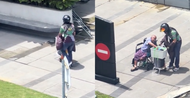 Image from: Delivery Rider Pauses Work to Help Man in Wheelchair in Heartwarming Viral Video