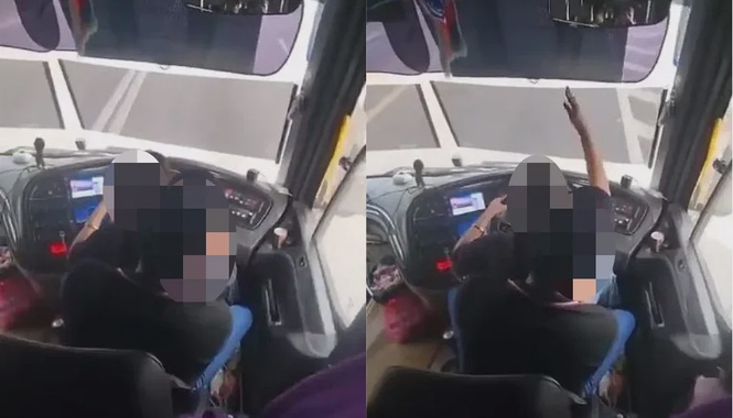 Image from: Police hunt bus driver and woman over viral dangerous driving video