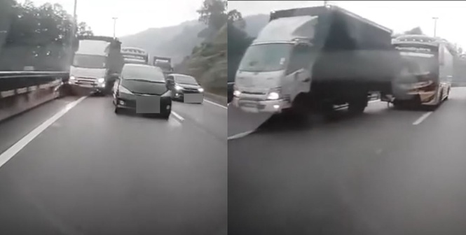 Image from: Lorry driver averts crisis after runaway bus crashes into rear