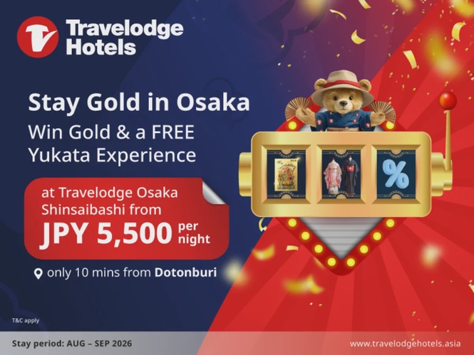 Image from: Travelodge Osaka Shinsaibashi Debuts with Rates from 5,500 Yen and a Chance to Win Gold Bar