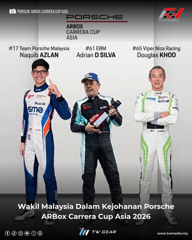 Image from: Naquib Azlan, Adrian D’Silva & Douglas Khoo Wakil Malaysia Dalam Porsche ARBox Carrera Cup Asia 2026