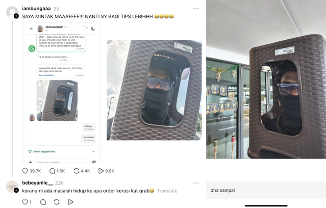 Image from: Abang Grab gets creative to deliver chair, netizens promote him to “Chairman”