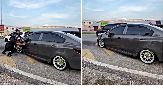 M’sian’s Lowered Proton Persona Gets Stuck On Puchong Speed Bump, Friends Have to Help Push it Off