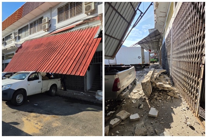 Two cars damaged after shophouse ledge collapse