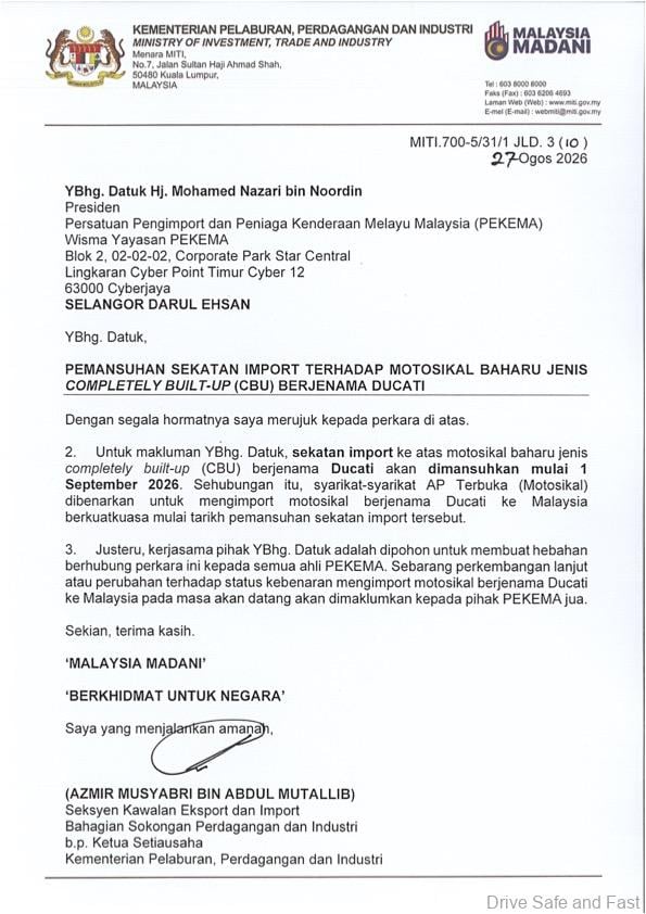Image from: MITI Abolishes Import Restrictions On Brand-New CBU Ducati Motorcycles