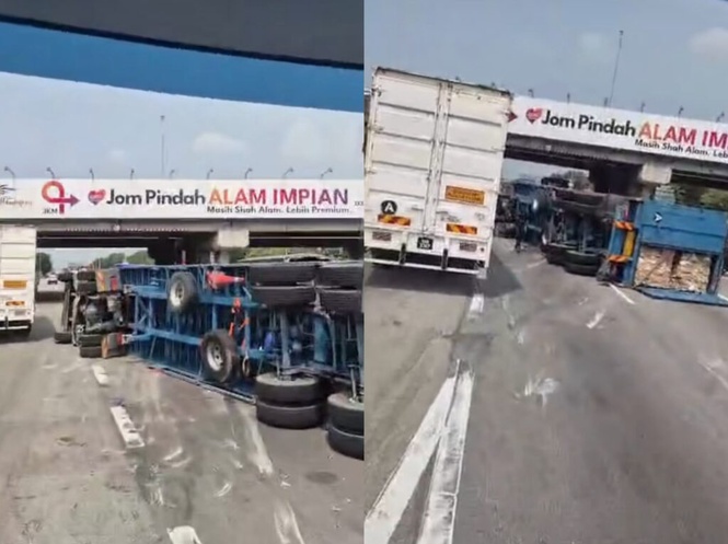 Image from: Lori terbalik halang dua lorong Kesas punca trafik sesak