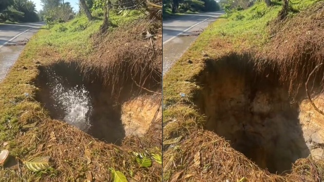 Image from: Lubang gergasi muncul tepi jalan, sembur air macam ombak