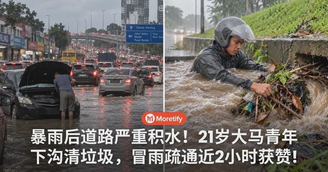 暴雨后道路严重积水!21岁大马青年下沟清垃圾,冒雨疏通近2小时获赞!