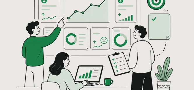 Software development team monitoring KPI metrics and user engagement analytics