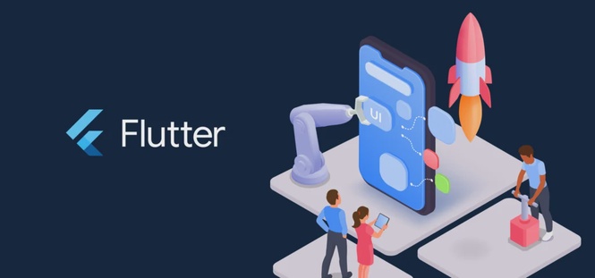Flutter mobile app development graphic showing a smartphone UI, robotic arm and rocket representing faster app deployment.