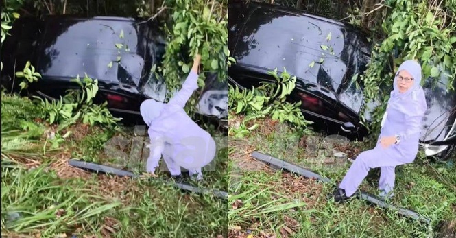 Image from: Hujan lebat, kereta jatuh gaung, tindakan nekad PPK wanita ini buat ramai sebak. 'Sudah tugas saya'